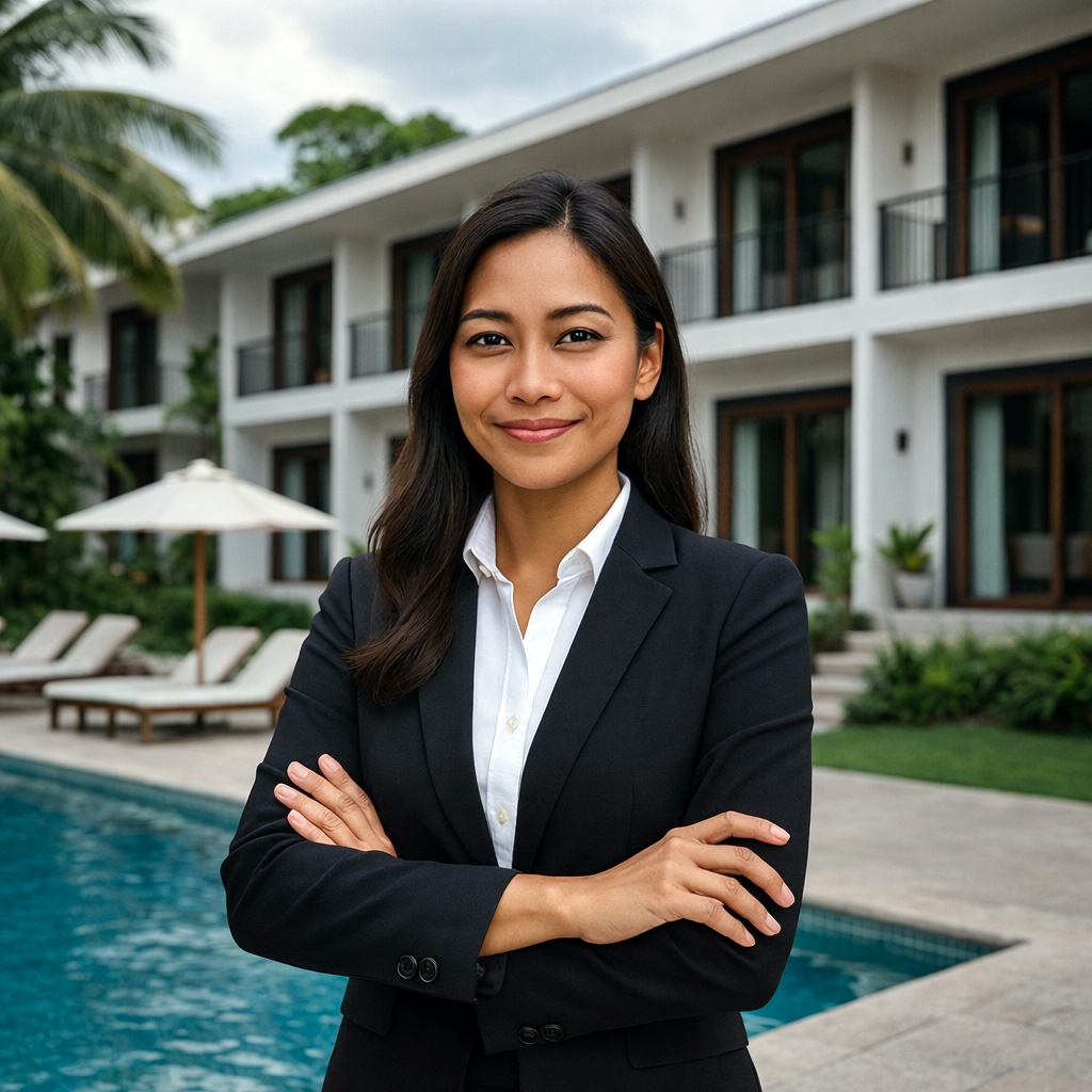 Professional standing by a hotel pool