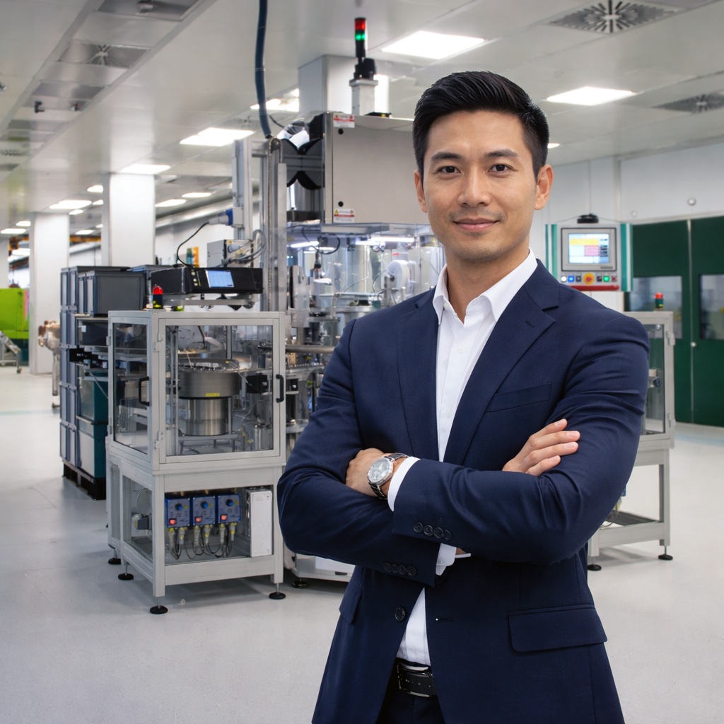 Confident business owner in a high-tech manufacturing facility
