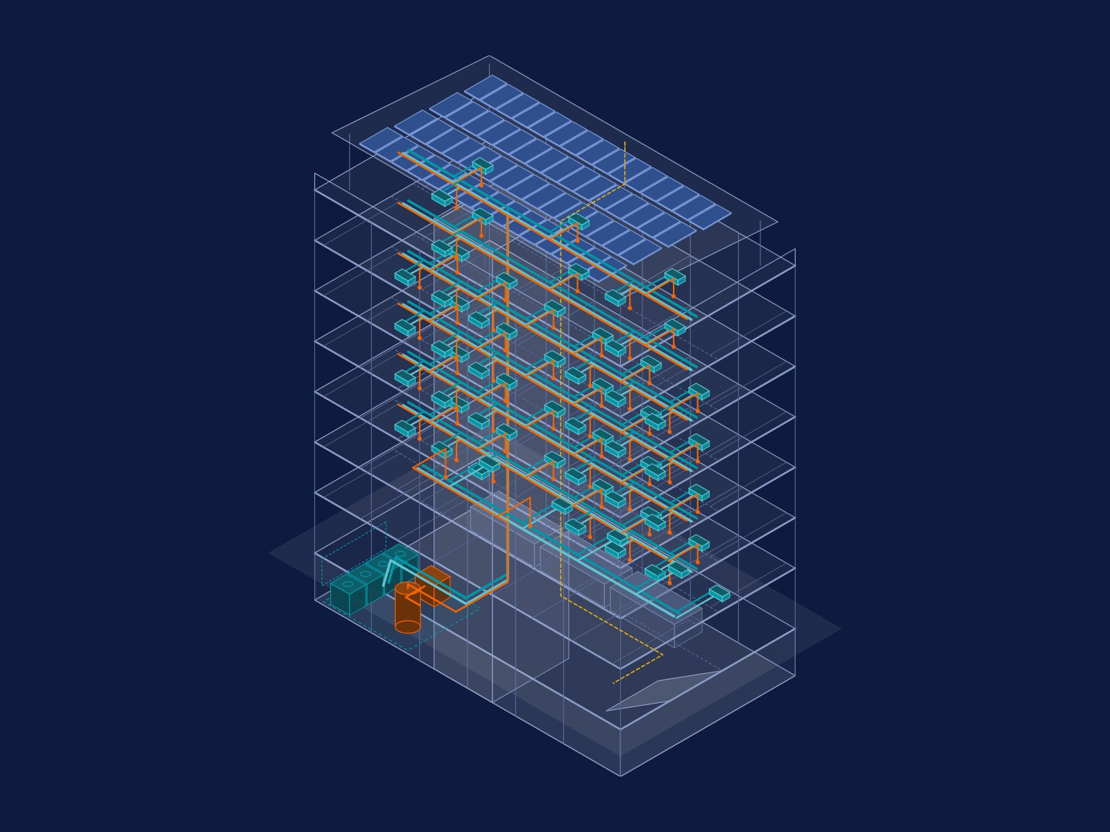 Cutaway drawing of a residential building with one water plant in the basement and pipes to every room