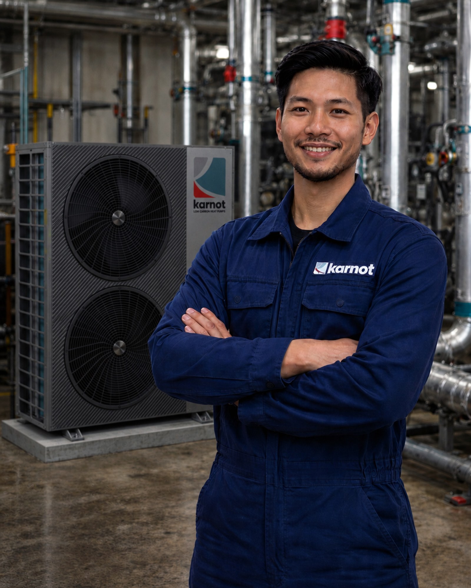 Karnot field engineer beside an industrial iHEAT R290 heat pump in a Philippine plant room