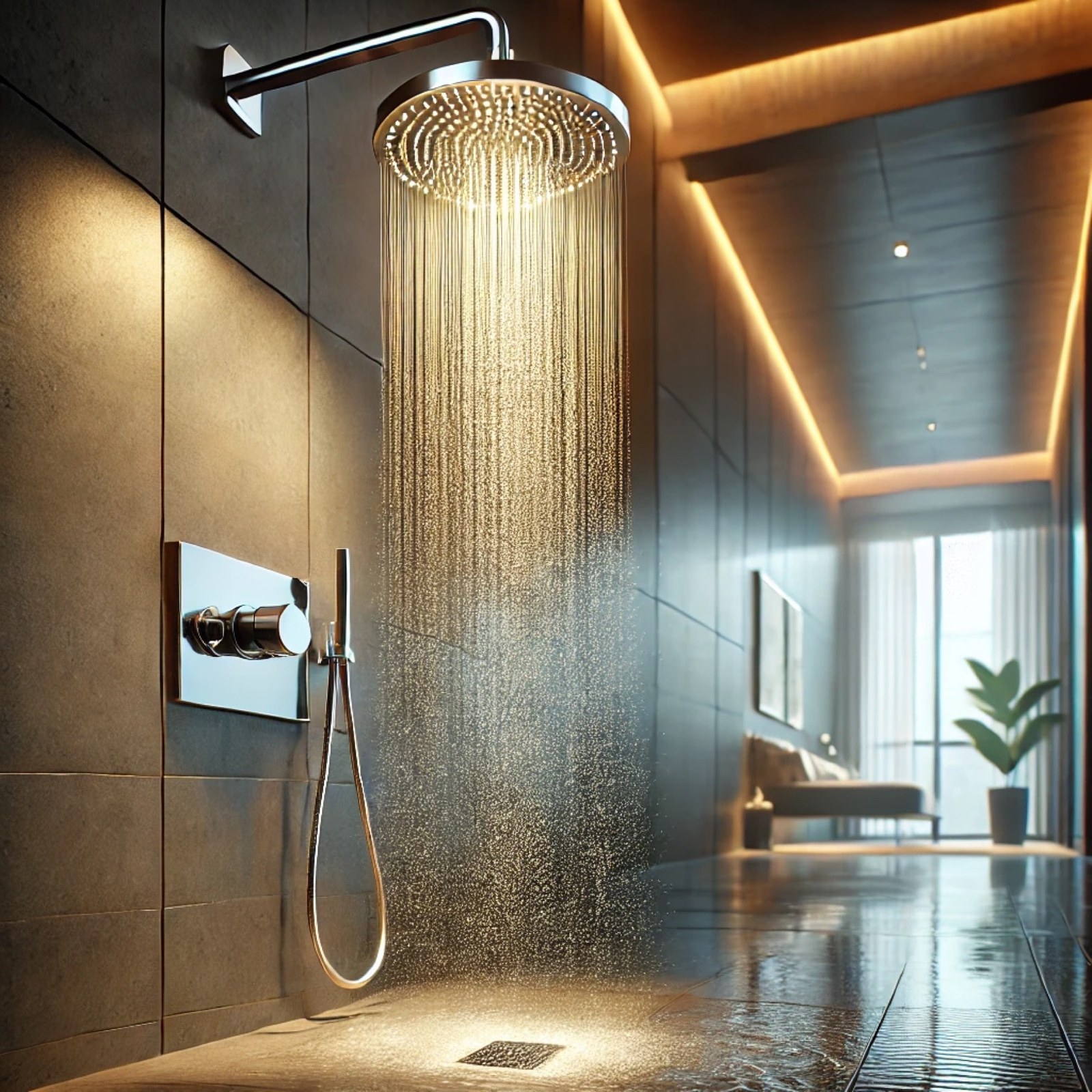 Modern rain shower running hot water in a Philippine bathroom
