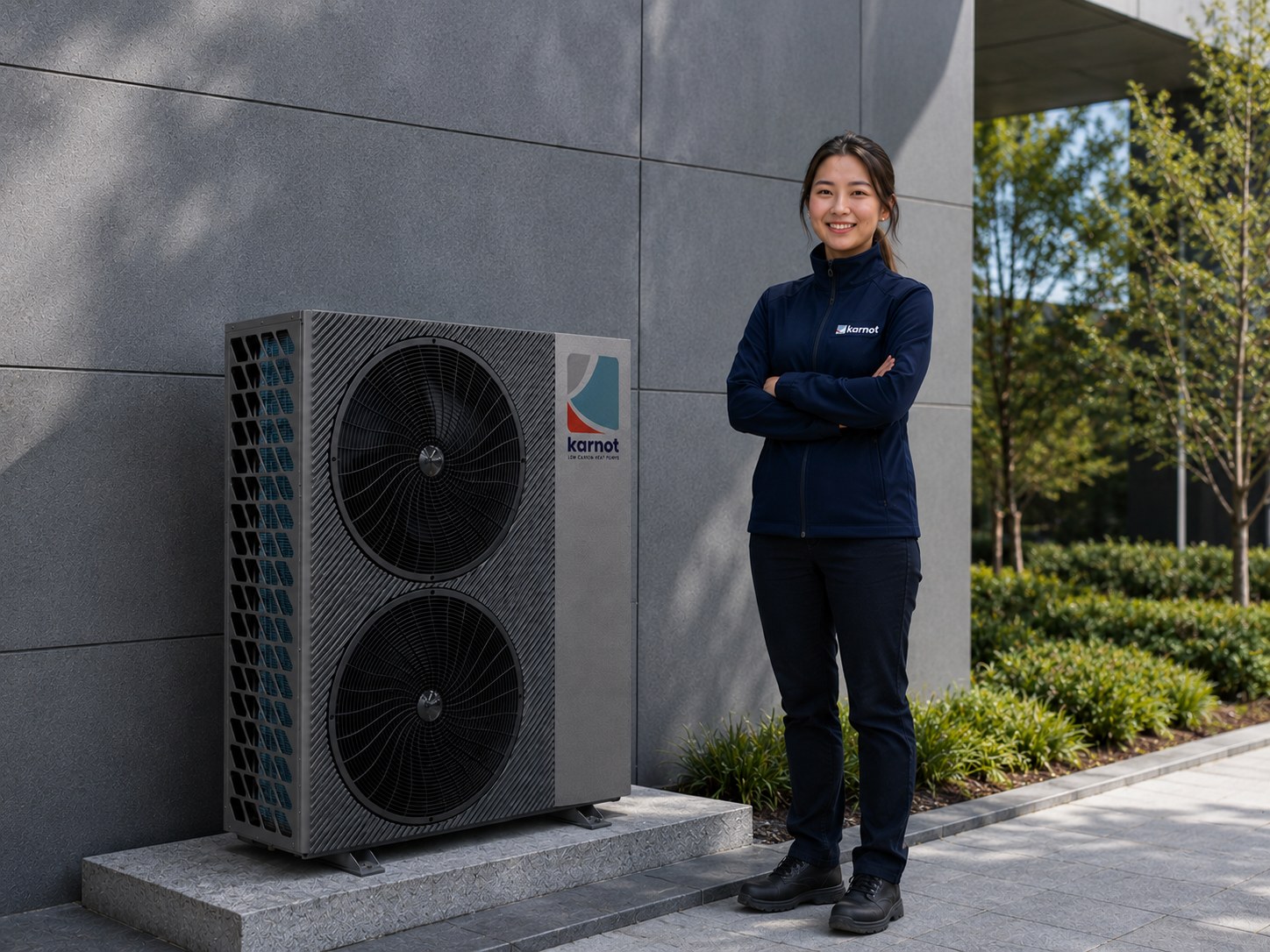A single Karnot iHEAT R290 dual-fan heat pump module outside a commercial office, with a Karnot engineer