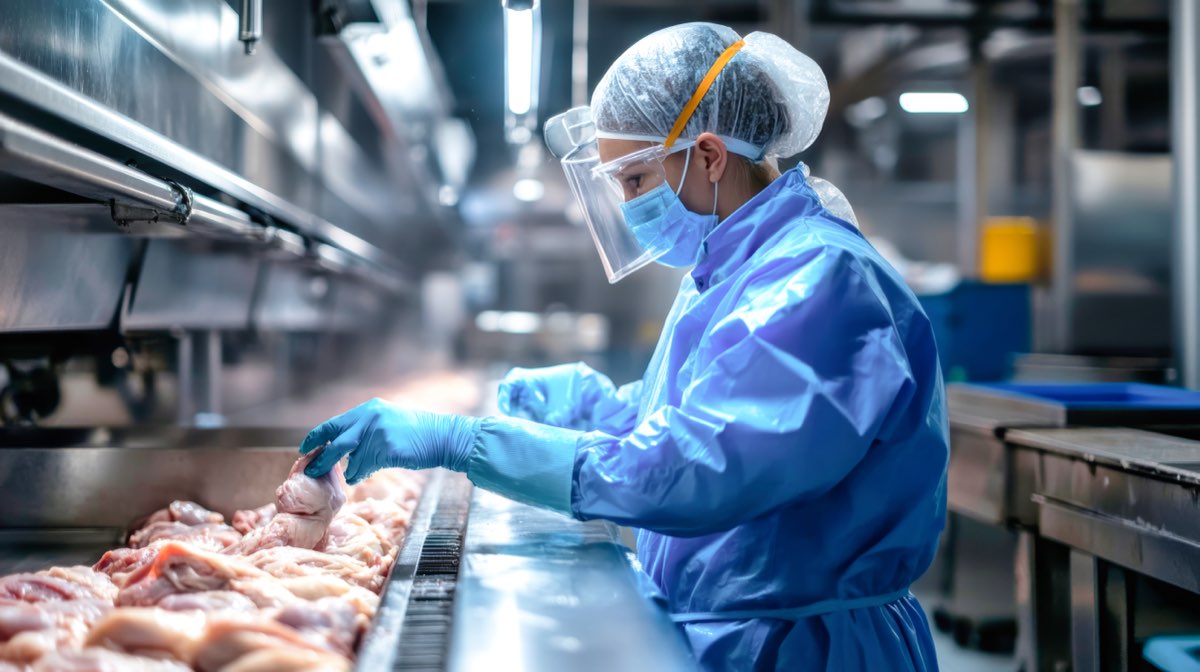 Worker in protective clothing inspecting dressed chicken on the processing line of a chicken dressing plant