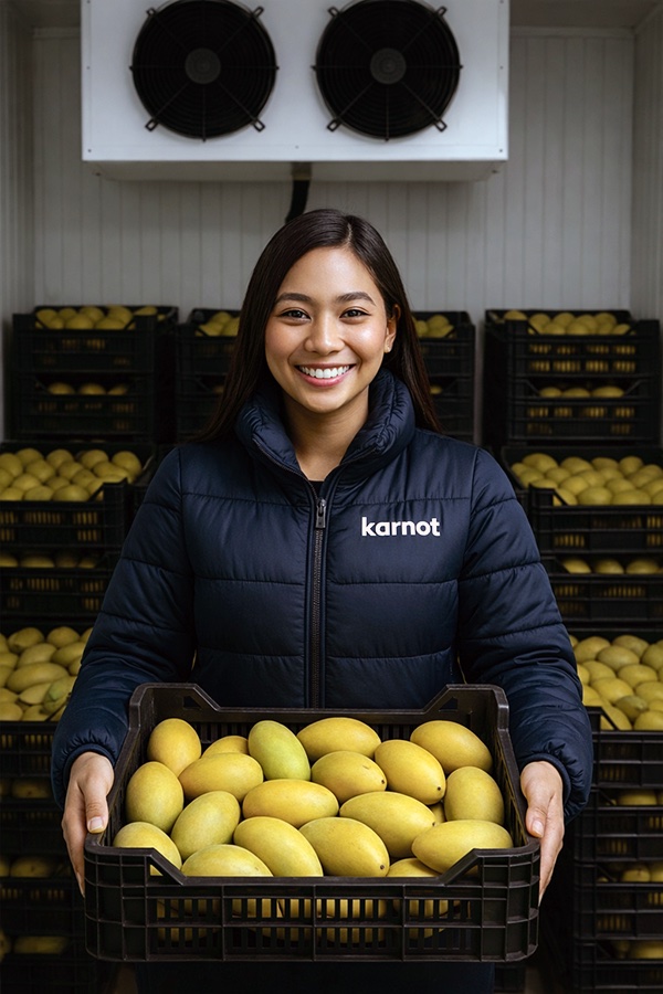 Smiling worker in a cold storage facility surrounded by fresh mangos