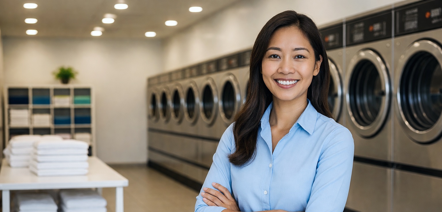 Confident Filipino business owner standing proudly in her modern laundromat