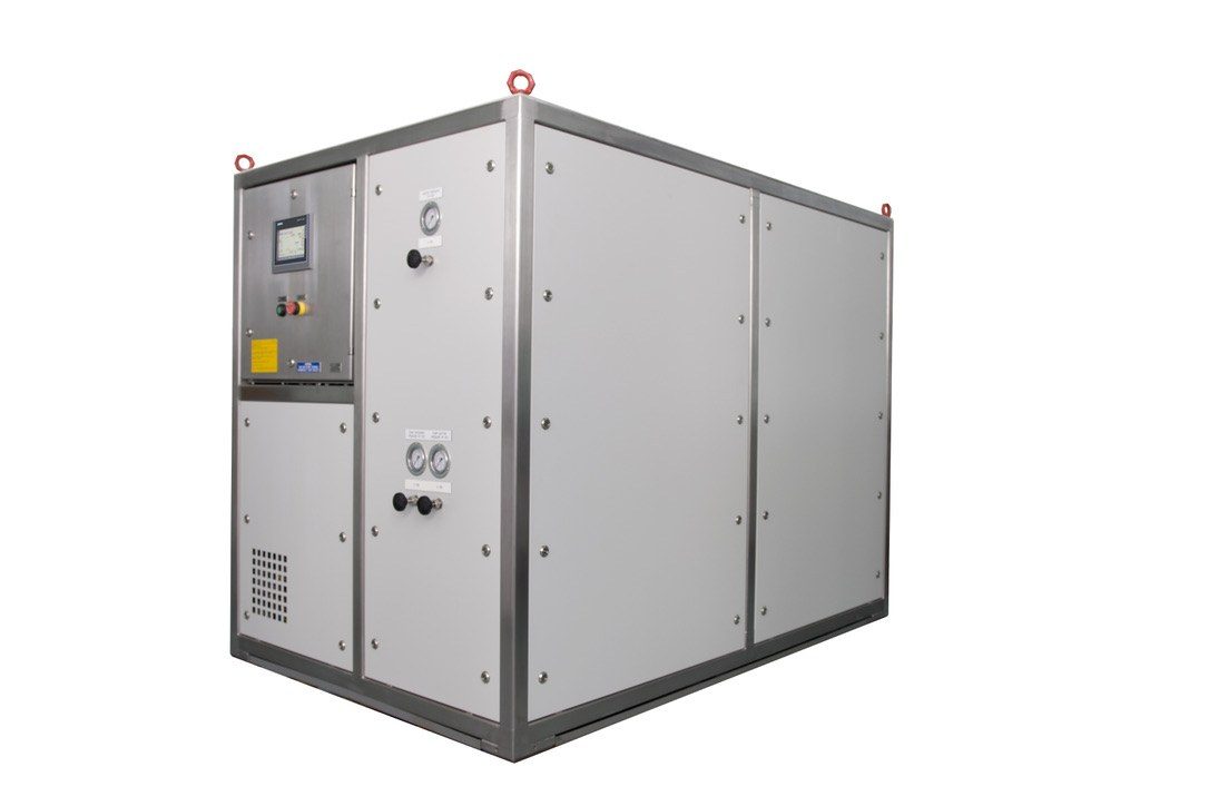 Closed stainless-steel packaged heat pump unit with touchscreen controller, photographed on white