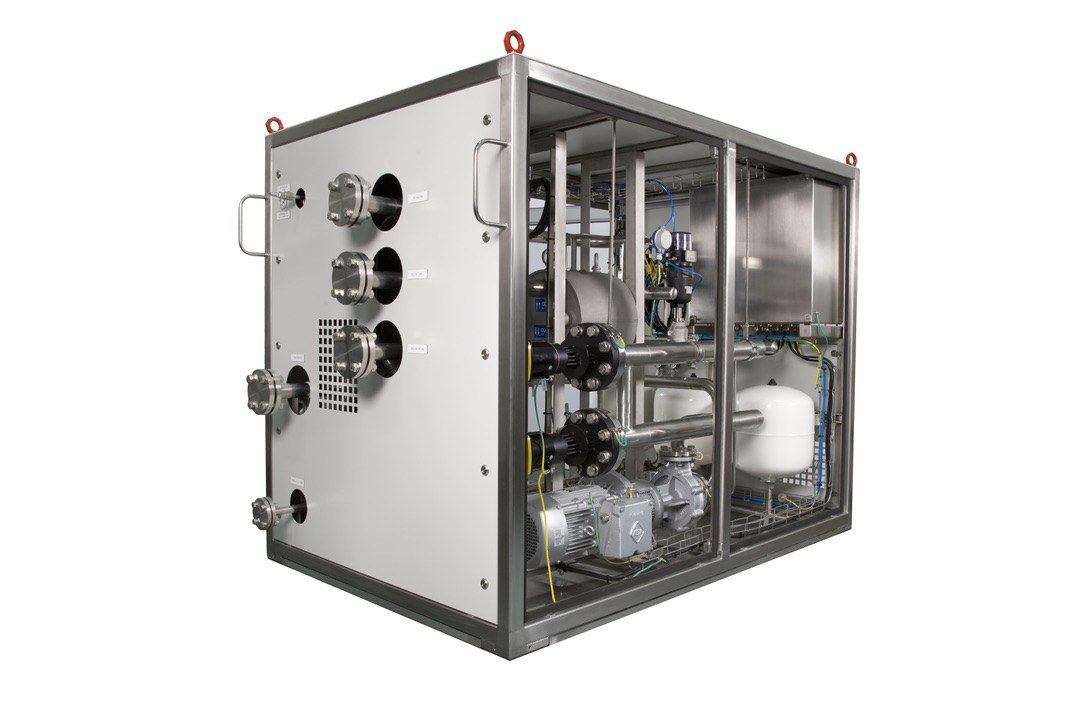 Heat pump unit photographed on white with its side panel removed, showing pumps, pipework and expansion vessel